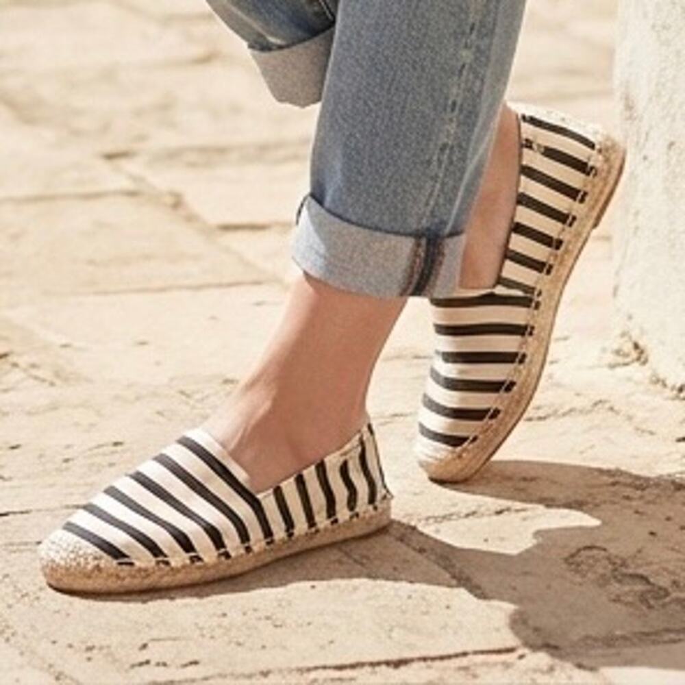 SOLUDOS | Black & Off White Striped Smoking Slipper Espadrilles Flats | Size 7
